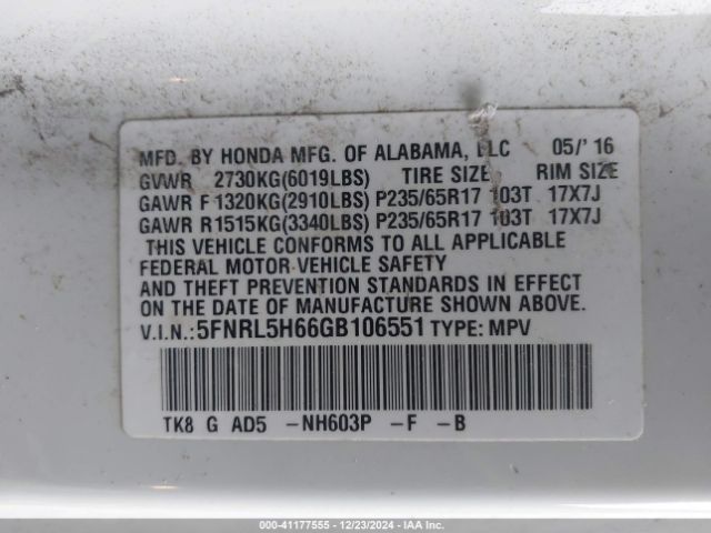 5FNRL5H66GB106551 Honda Odyssey Ex-l