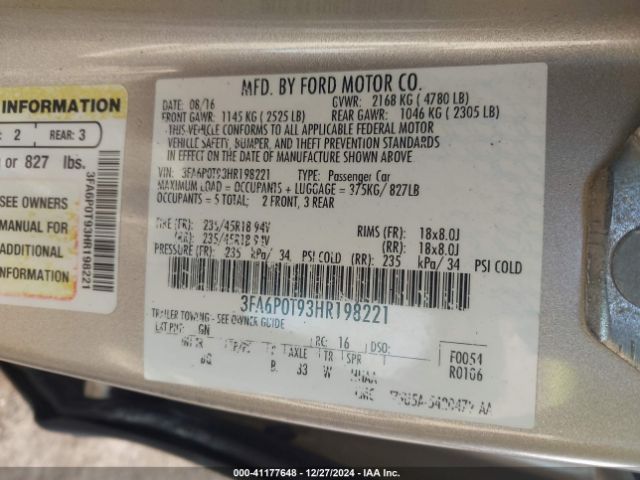 3FA6P0T93HR198221 Ford FUSION SE
