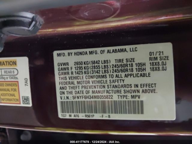 5FNYF6H34MB055822 Honda Pilot Awd Ex