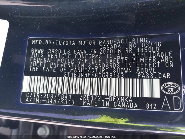 Toyota COROLLA LE 2016 2T1BURHE4GC648443 Image 9