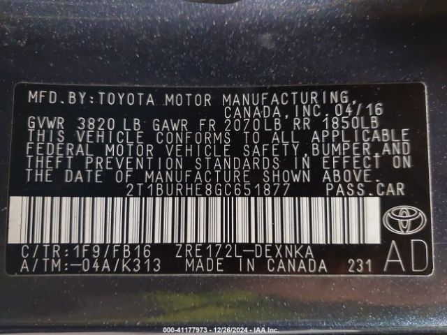 2T1BURHE8GC651877 Toyota Corolla L/le/le Pls/prm/s/s Pls