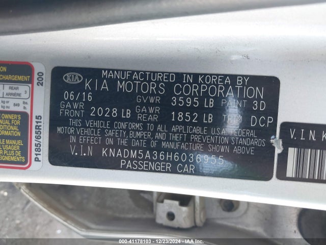 KIA RIO LX 2017 KNADM5A36H6036955 Image 9
