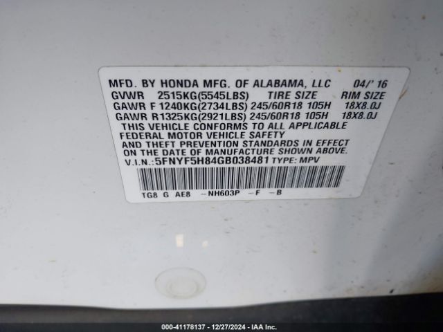 5FNYF5H84GB038481 Honda Pilot Ex-l