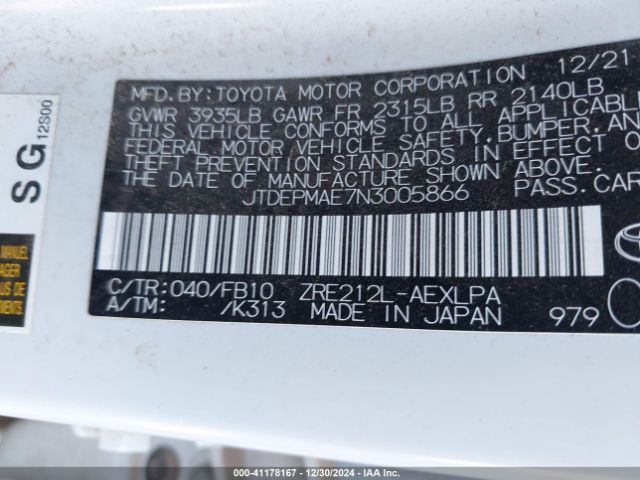 JTDEPMAE7N3005866 Toyota COROLLA LE