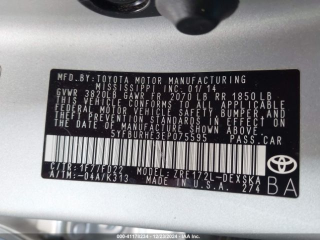 5YFBURHE3EP075595 Toyota Corolla L/le/le Pls/prm/s/s Pls