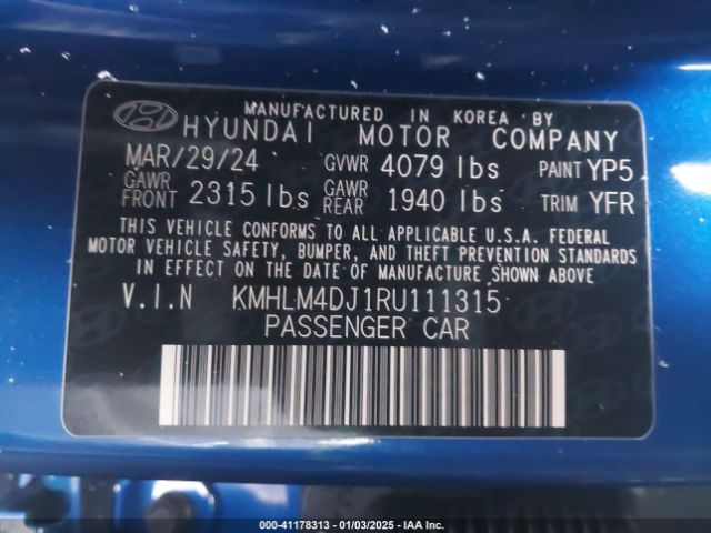 KMHLM4DJ1RU111315 Hyundai Elantra Hybrid Blue