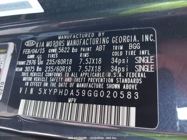 KIA Sorento 3.3l Ex 2016 5XYPHDA59GG020583 Image 9