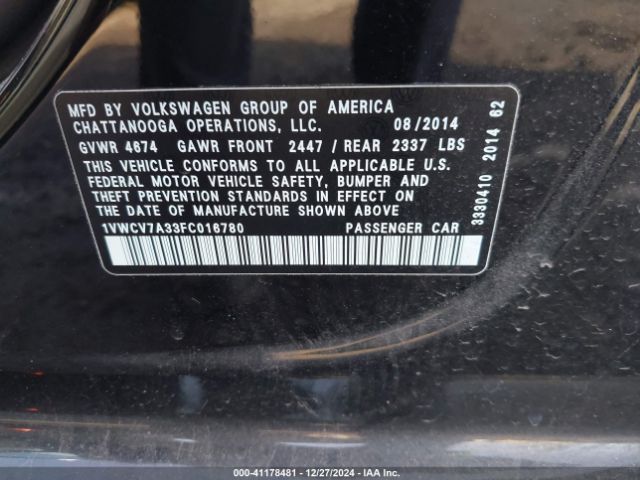 1VWCV7A33FC016780 Volkswagen Passat 2.0l Tdi Sel Premium