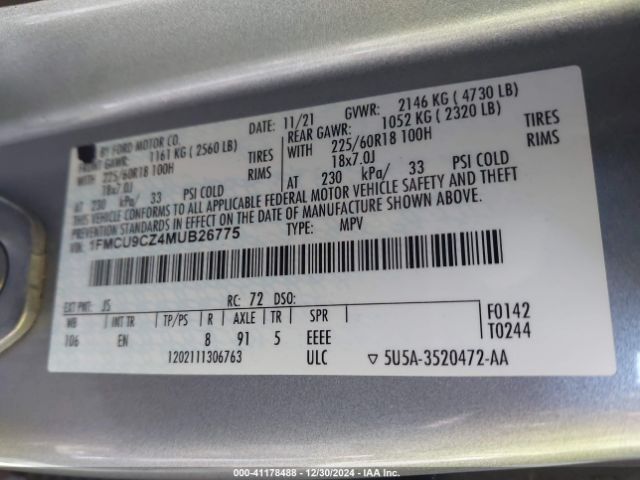 1FMCU9CZ4MUB26775 Ford Escape Sel Hybrid