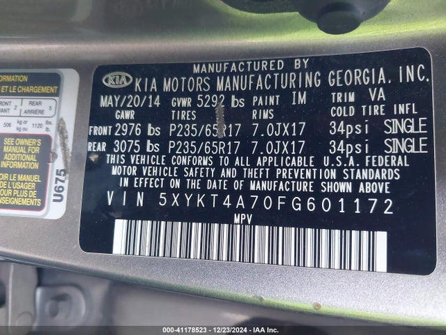 KIA Sorento Lx V6 2015 5XYKT4A70FG601172 Image 9