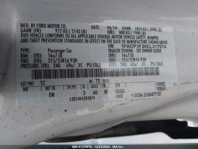Ford FOCUS SE 2014 1FADP3F26EL317574 Image 9