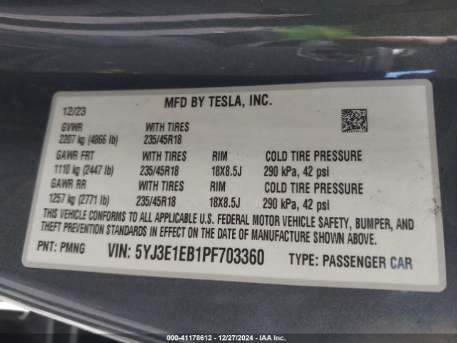 5YJ3E1EB1PF703360 Tesla Model 3 Long Range Dual Motor All-wheel Drive