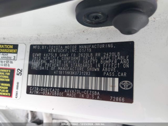 4T1B11HK8KU731283 Toyota CAMRY SE
