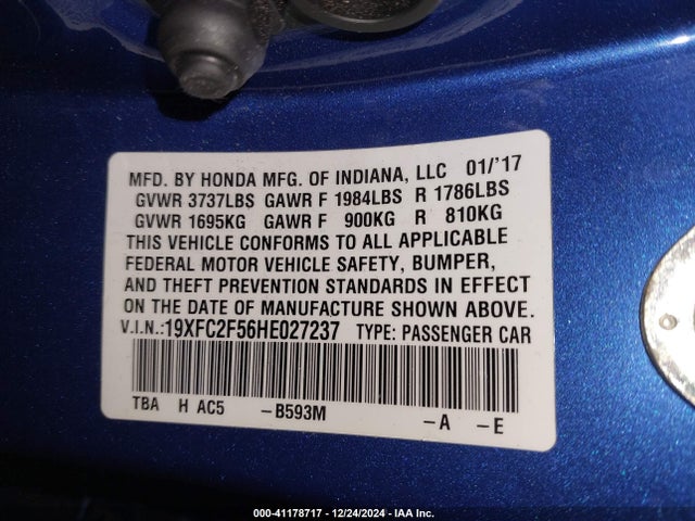 Honda Civic Lx 2017 19XFC2F56HE027237 Image 9