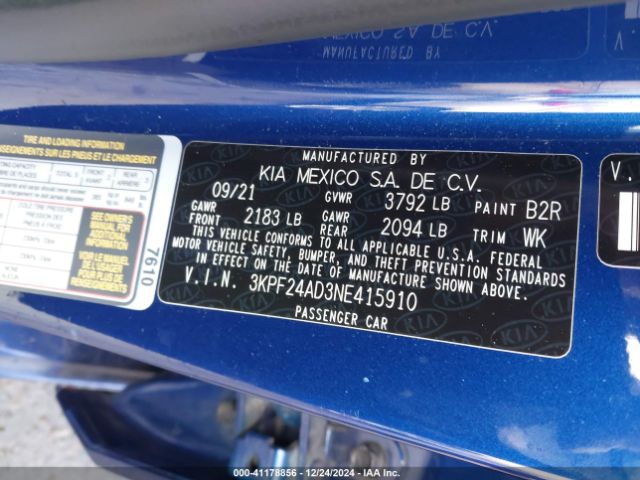 3KPF24AD3NE415910 KIA Forte Lxs
