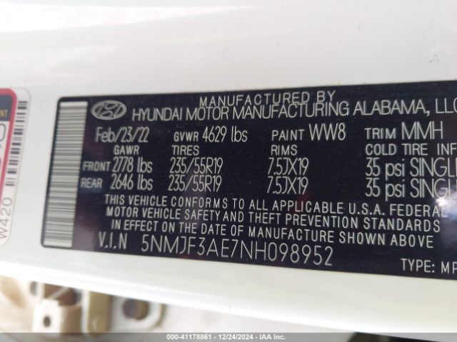 5NMJF3AE7NH098952 Hyundai TUCSON SEL