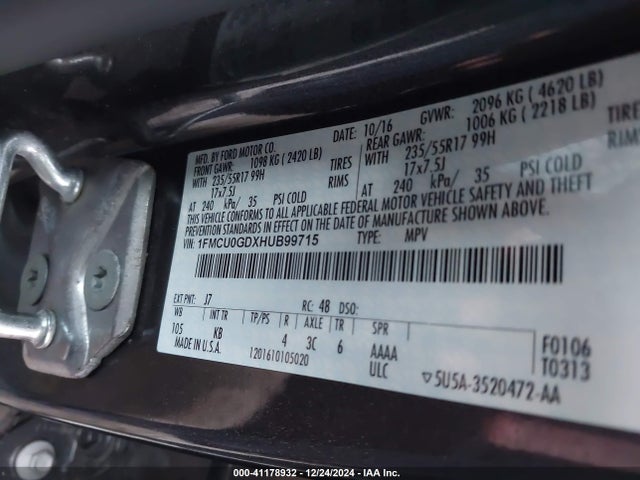 Ford ESCAPE SE 2017 1FMCU0GDXHUB99715 Image 9