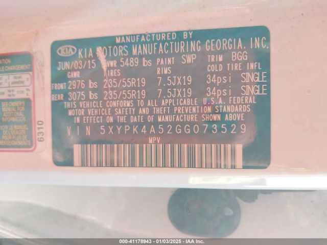 5XYPK4A52GG073529 KIA Sorento 3.3l Sx