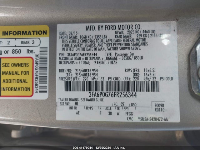 Ford FUSION S 2015 3FA6P0G76FR256344 Image 9
