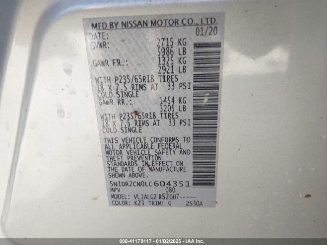 5N1DR2CN0LC604351 Nissan Pathfinder Sl 2wd