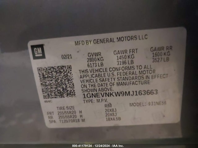 1GNEVNKW9MJ163663 Chevrolet Traverse Awd High Country