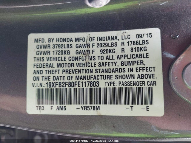 Honda CIVIC EX 2015 19XFB2F80FE117803 Image 9
