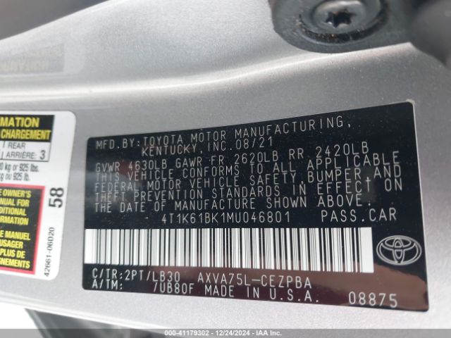 4T1K61BK1MU046801 Toyota Camry Xse Awd