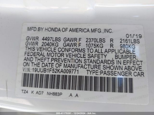 19UUB1F52KA009771 Acura Tlx Tech Pkg