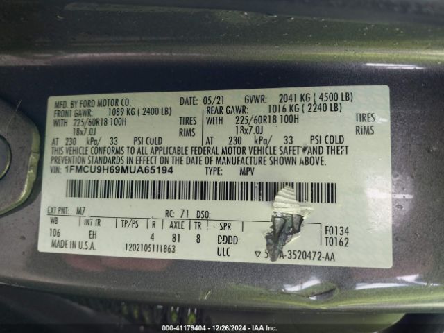 1FMCU9H69MUA65194 Ford ESCAPE SEL