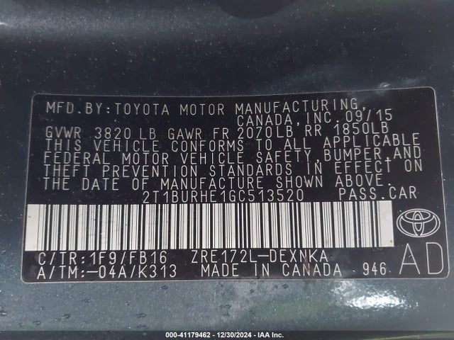 Toyota COROLLA LE 2016 2T1BURHE1GC513520 Image 9