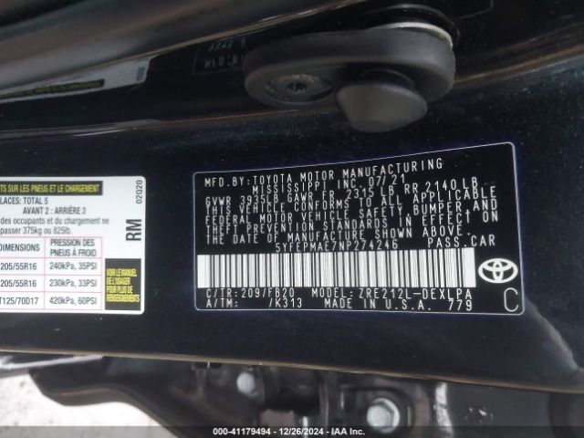 5YFEPMAE7NP274246 Toyota COROLLA LE