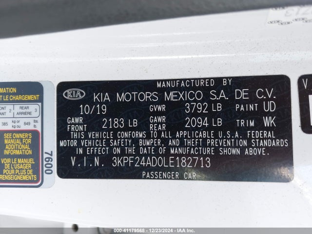 3KPF24AD0LE182713 KIA FORTE FE