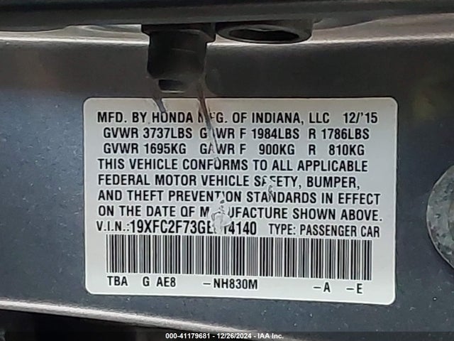 Honda CIVIC EX 2016 19XFC2F73GE014140 Image 9