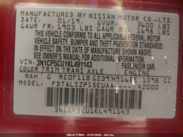 3N1CP5CU1KL491143 Nissan KICKS SV
