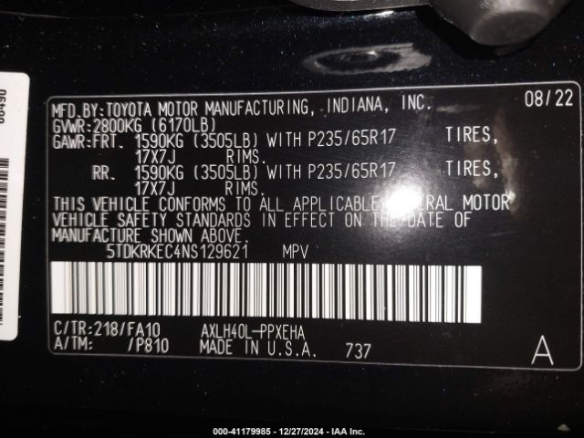 5TDKRKEC4NS129621 Toyota SIENNA LE