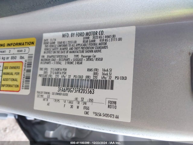 Ford FUSION S 2015 3FA6P0G75FR205563 Image 9