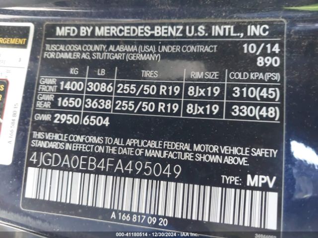 4JGDA0EB4FA495049 Mercedes-Benz Ml 250 Bluetec 4matic
