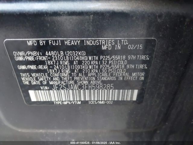 JF2SJAWC3FH598285 Subaru Forester 2.5i Touring