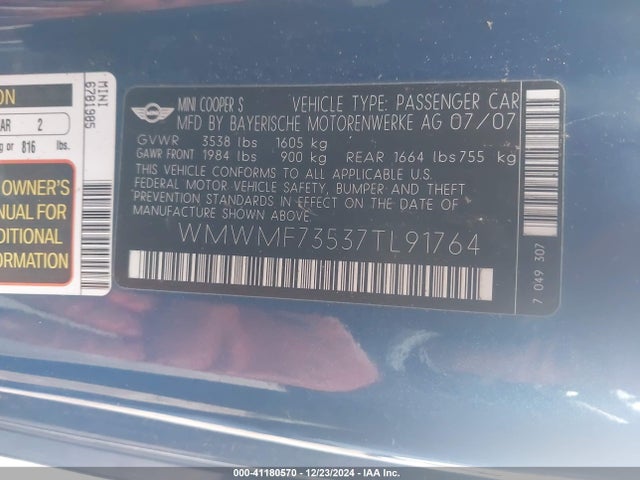 2007 MINI COOPER S WMWMF73537TL91764 Photo 8