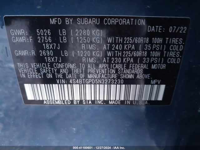 Subaru Outback Touring Xt 2022 4S4BTGPD5N3273230 Image 9