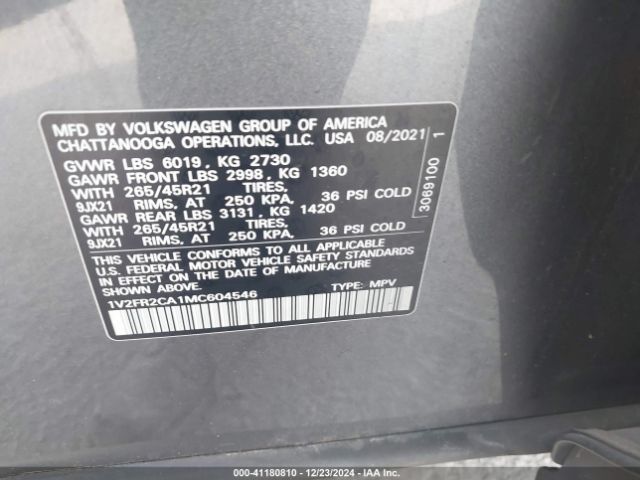 1V2FR2CA1MC604546 Volkswagen Atlas 3.6l V6 Sel Premium R-line