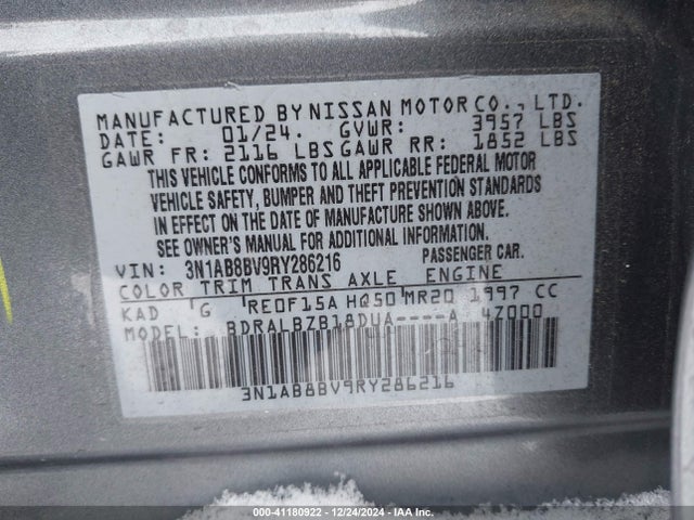 Aukcja sprzedaży 2024 Nissan Sentra S Xtronic Cvt, vin: 3N1AB8BV9RY286216, numer aukcji: 41180922