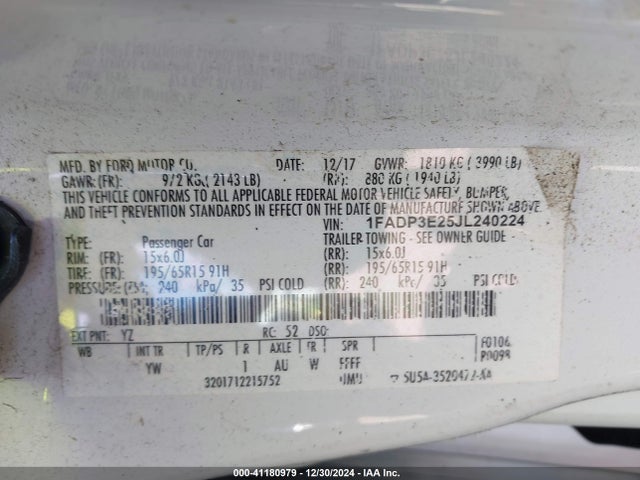 1FADP3E25JL240224 Ford FOCUS S