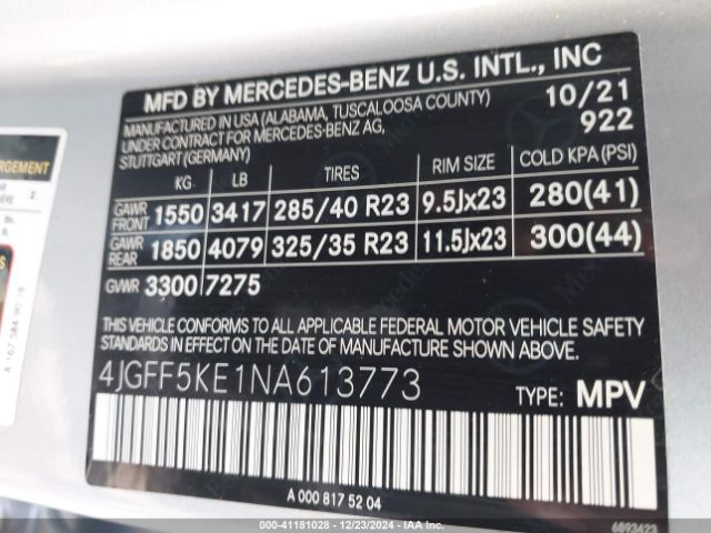 4JGFF5KE1NA613773 Mercedes-Benz Gls 450 4matic