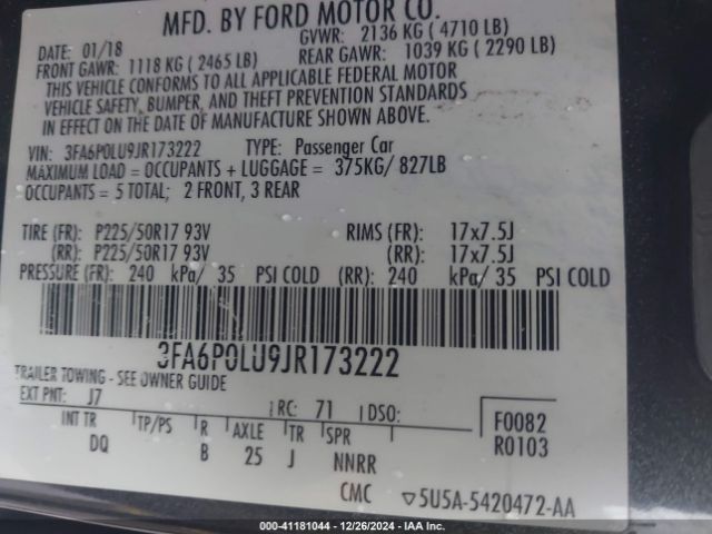 3FA6P0LU9JR173222 Ford Fusion Hybrid Se