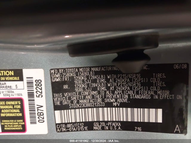 41181062 :رقم المزاد ، 5TDZK23C88S213533 vin ، 2008 Toyota Sienna Le مزاد بيع