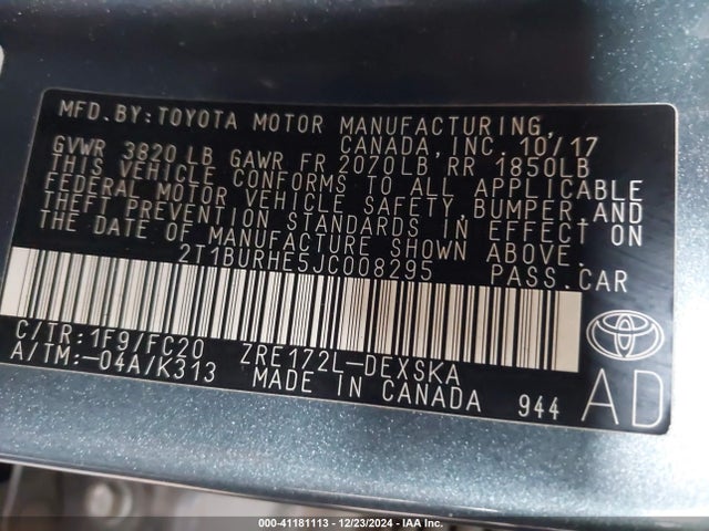 2T1BURHE5JC008295 Toyota COROLLA SE