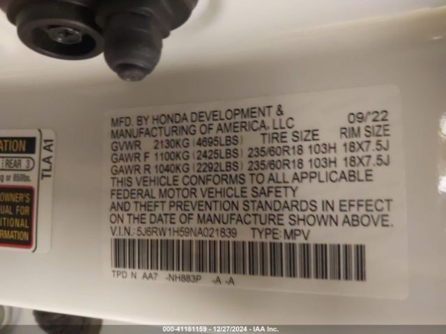 5J6RW1H59NA021839 Honda Cr-v 2wd Ex