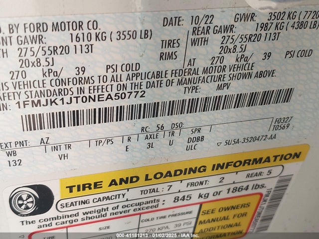 1FMJK1JT0NEA50772 Ford Expedition Xlt Max
