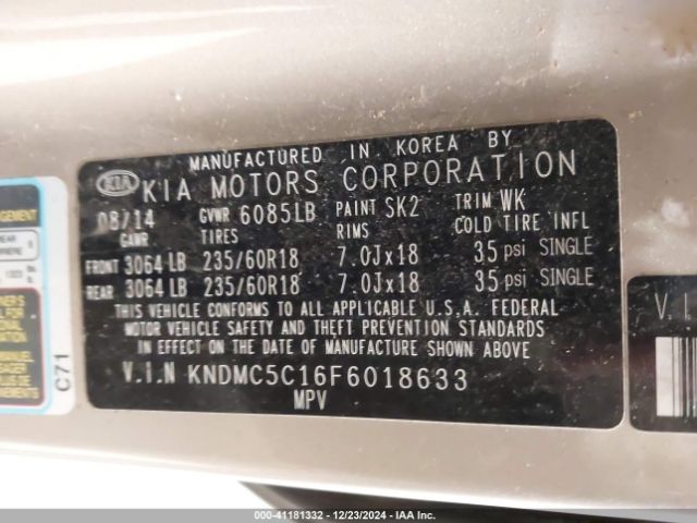 KNDMC5C16F6018633 KIA Sedona Sx